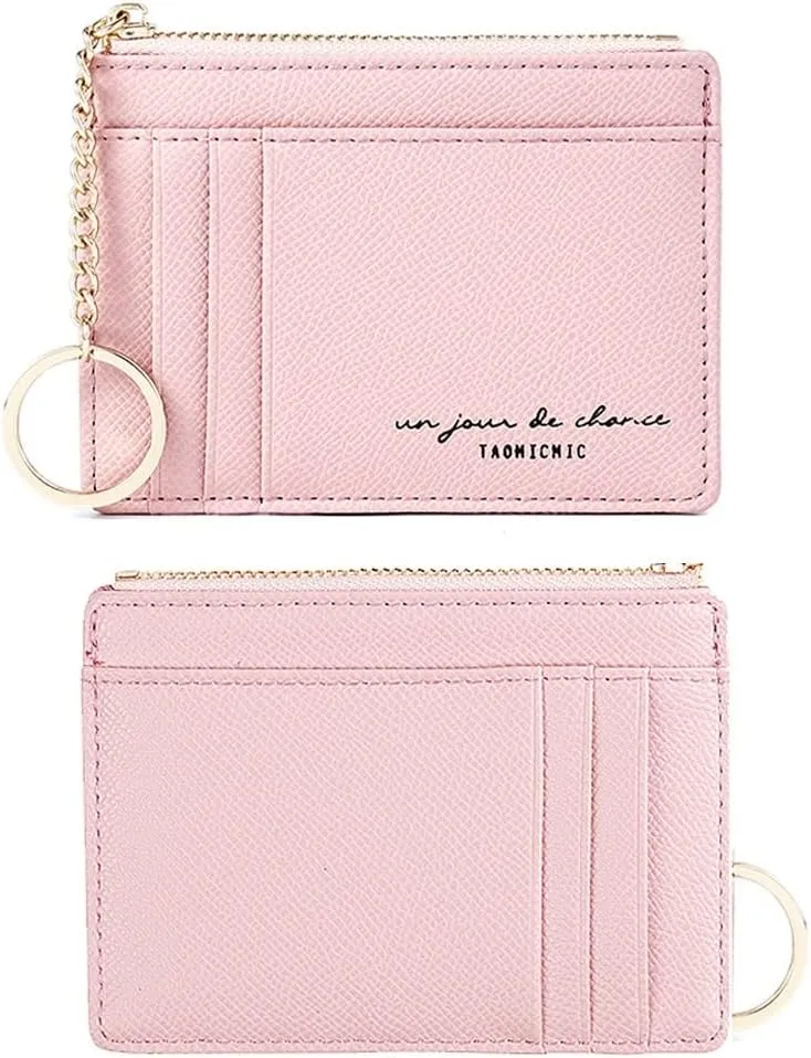 Women Slim Leather Card Case Holder Small Wallet Cute Coin Purse Girl Mini Wallet with Keychain (Pink)