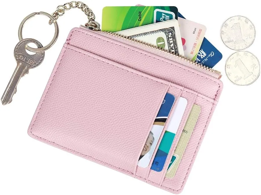 Women Slim Leather Card Case Holder Small Wallet Cute Coin Purse Girl Mini Wallet with Keychain (Pink)