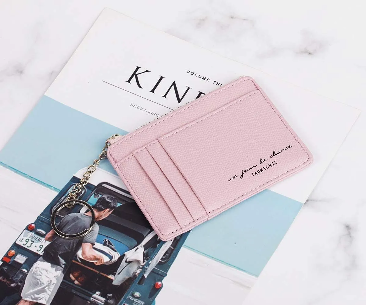Women Slim Leather Card Case Holder Small Wallet Cute Coin Purse Girl Mini Wallet with Keychain (Pink)
