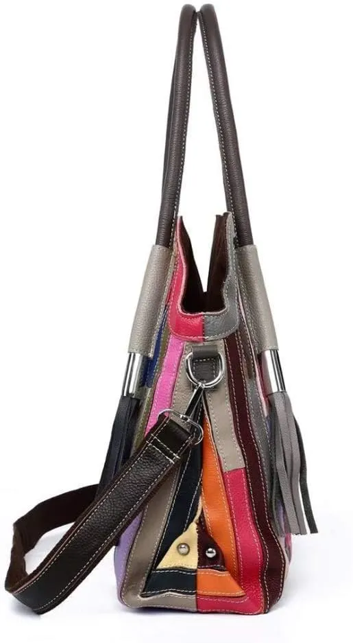 Women's Multicolor Big Boston Bag Genuine Leather RANDOM Colorful Patchwork Large Tote Handbag Hobo Crossbody Purses